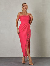 Iyra Strapless Feather Bandage Dress In Hot Pink
